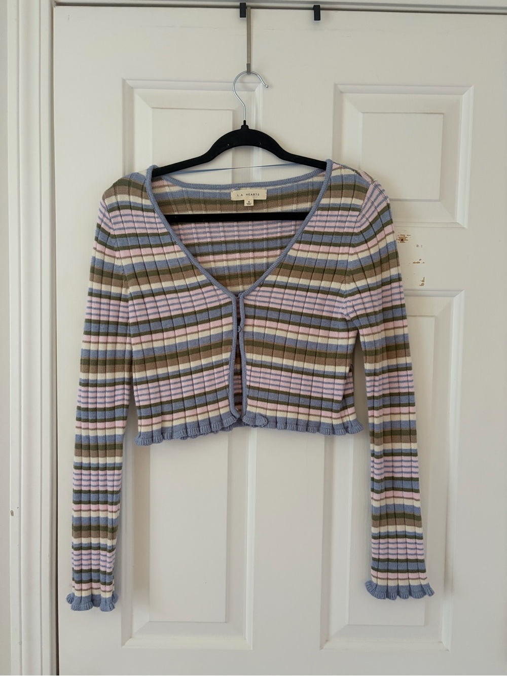 La Hearts Lavender, Olive & Blue Striped Ribbed Cropped Cardigan